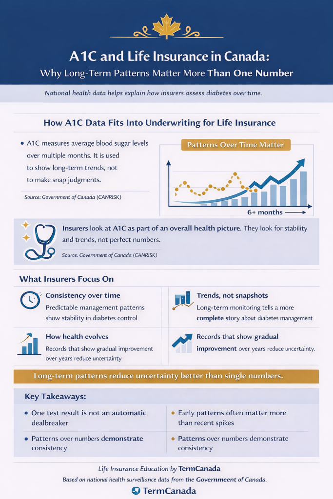 A1C target diabetes Canada infographic showing why life insurance focuses on long-term blood sugar patterns