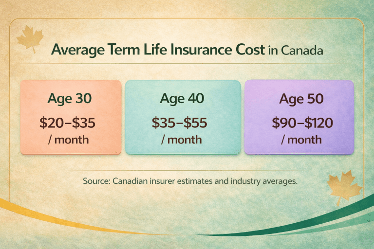 Average cost of the best term life insurance in Canada by age showing typical premiums for 10, 20, and 30 year policies