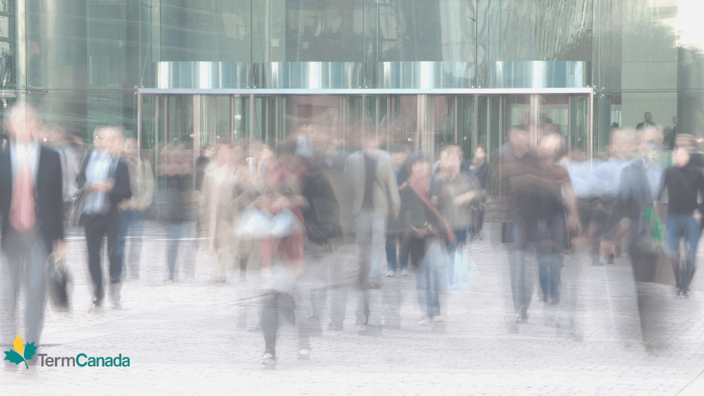 Busy Canadians in a town — accelerated underwriting life insurance for people on the go